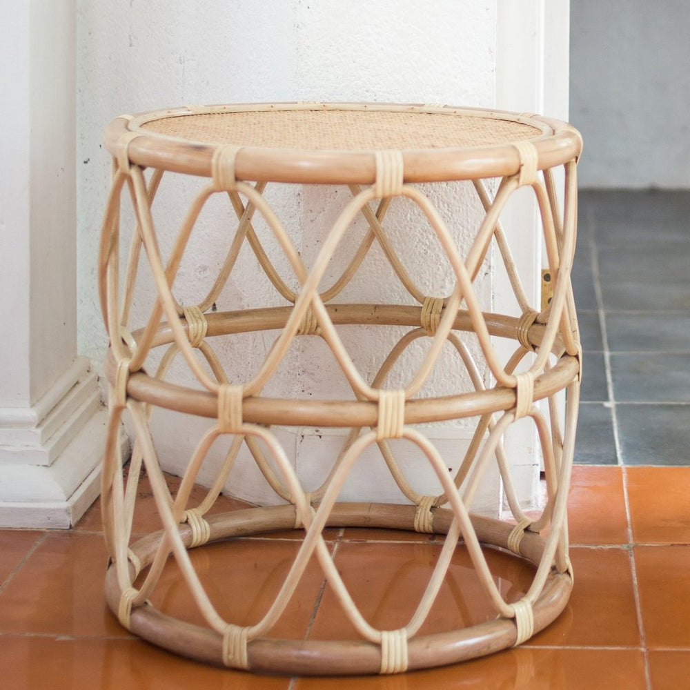 Beige round rattan side table