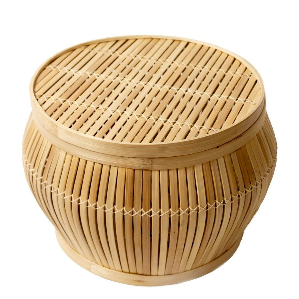 Beige bamboo basket side table
