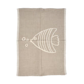 Natural white linen kitchen towel with fish motif