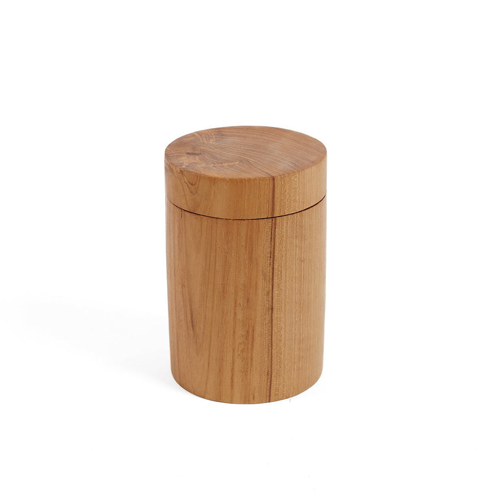 Brown hand-carved teak wood storage jar with lid
