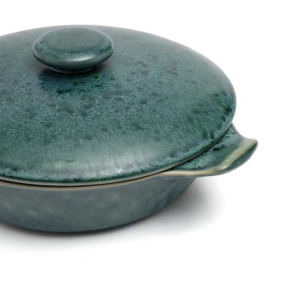 Teal-blue ceramic stew pot with lid