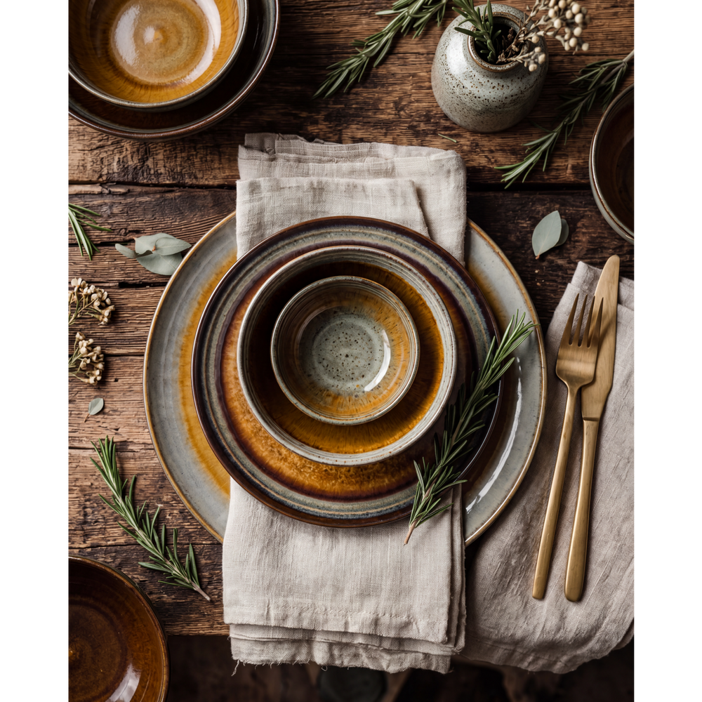 Multi-colored crackle glaze stoneware dinner plate