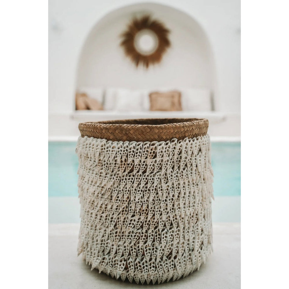 Handmade pandan basket with shell embellishments