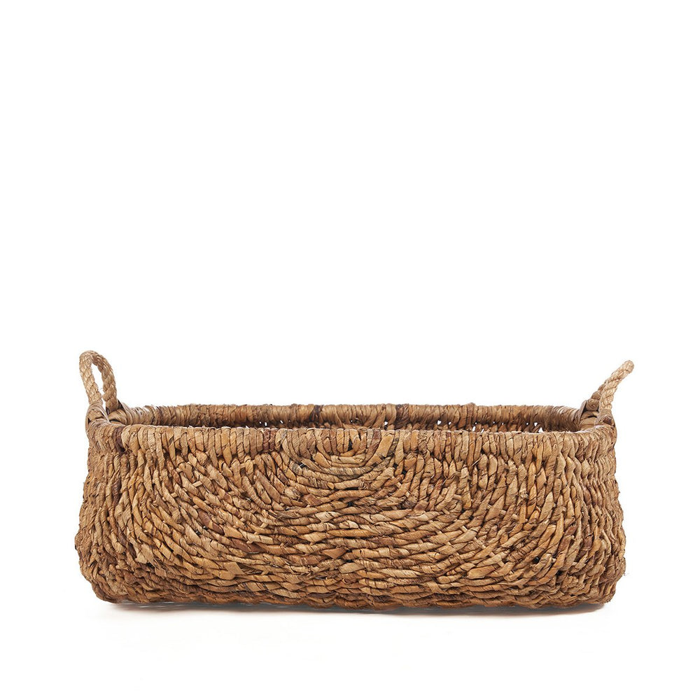 Brown woven palm leaf storage basket with handles