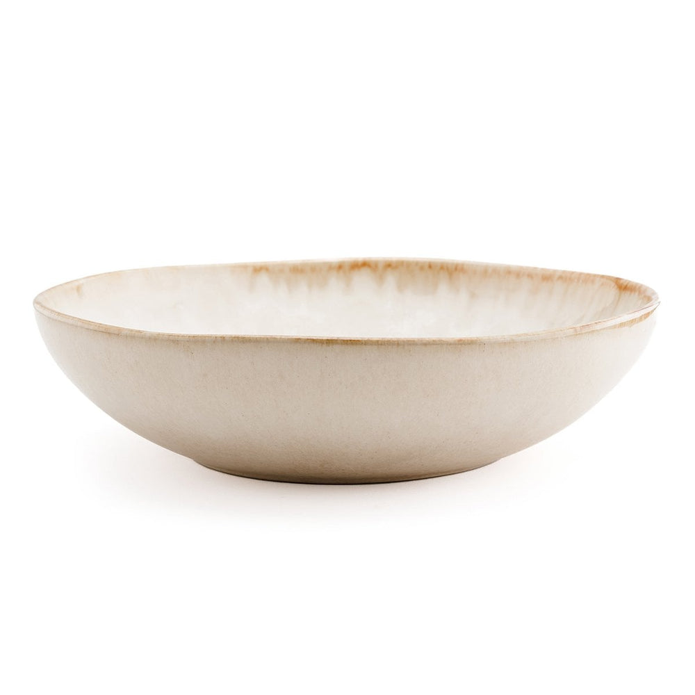 White stoneware pasta plate with burnt-umber rim