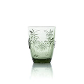 Green frosted glass water glass with embossed palm trees