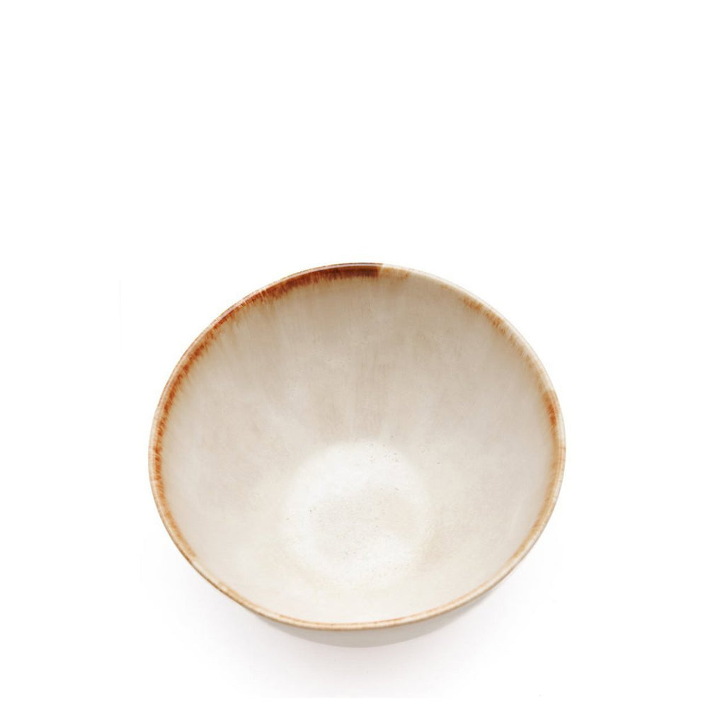 White stoneware sauce bowl with amber rim