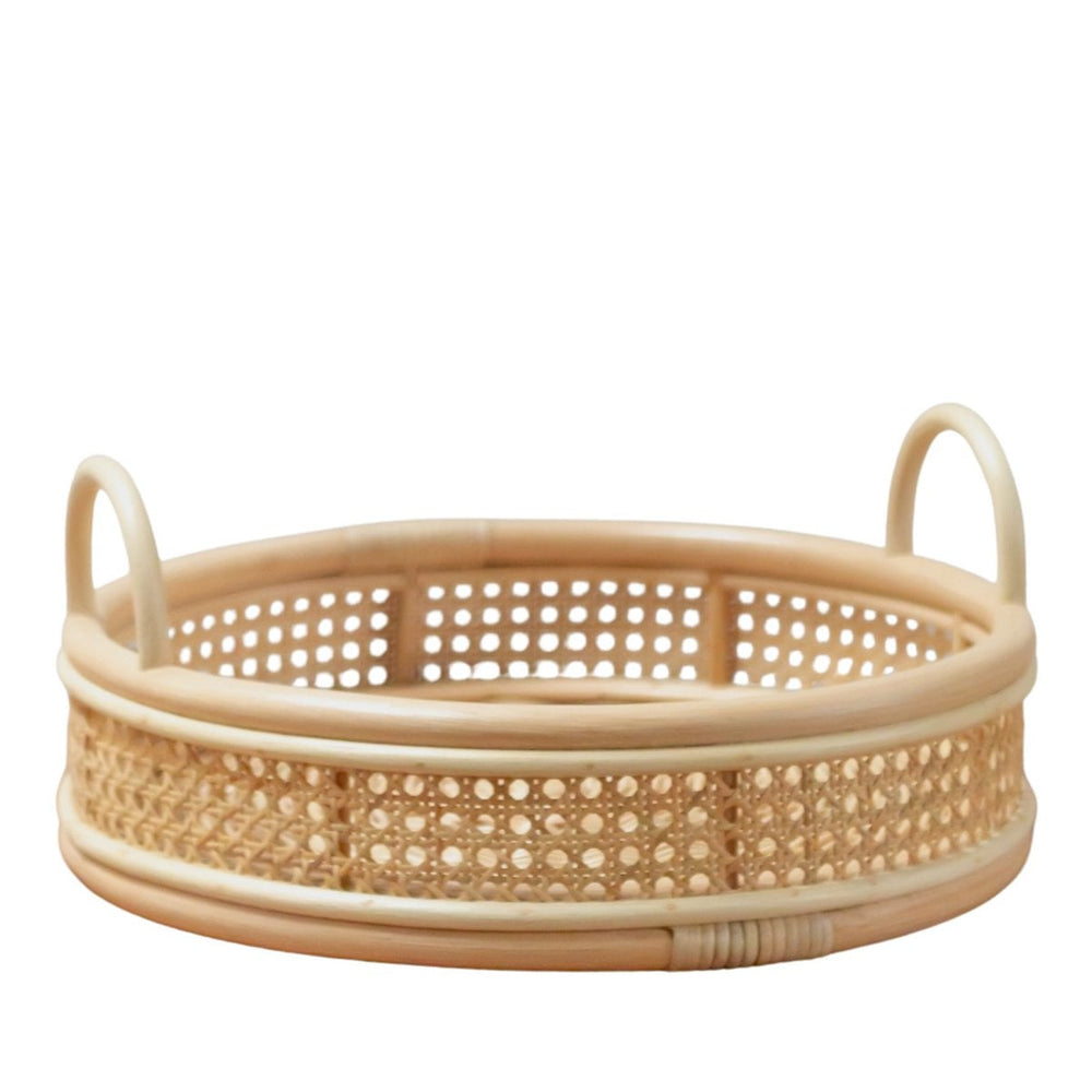 Beige round rattan serving tray