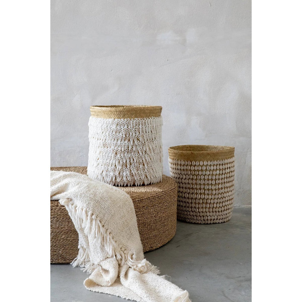 Handmade pandan basket with shell embellishments