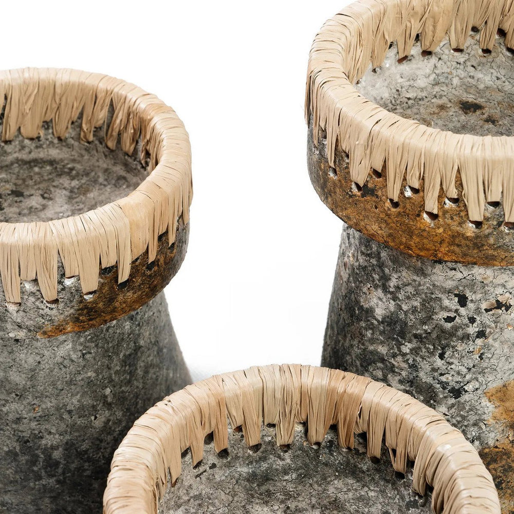 Antique grey terracotta candle holder with raffia accent