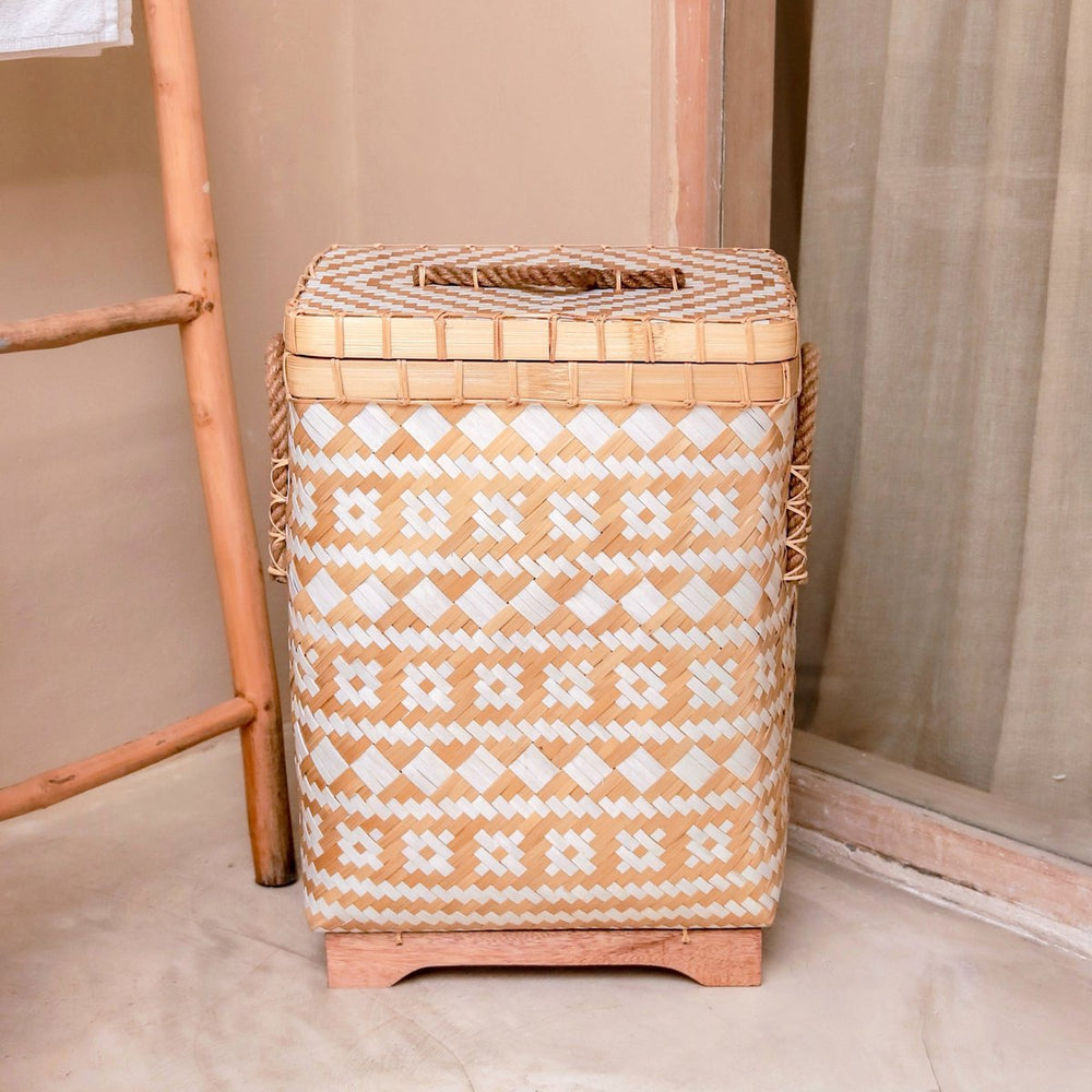 Beige white handwoven bamboo laundry basket with lid
