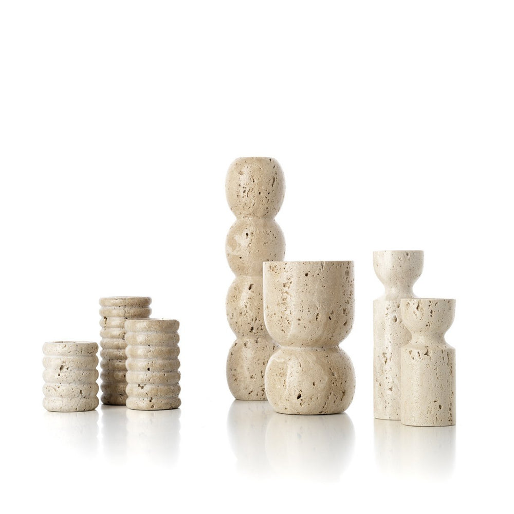Beige travertine hourglass candle holder