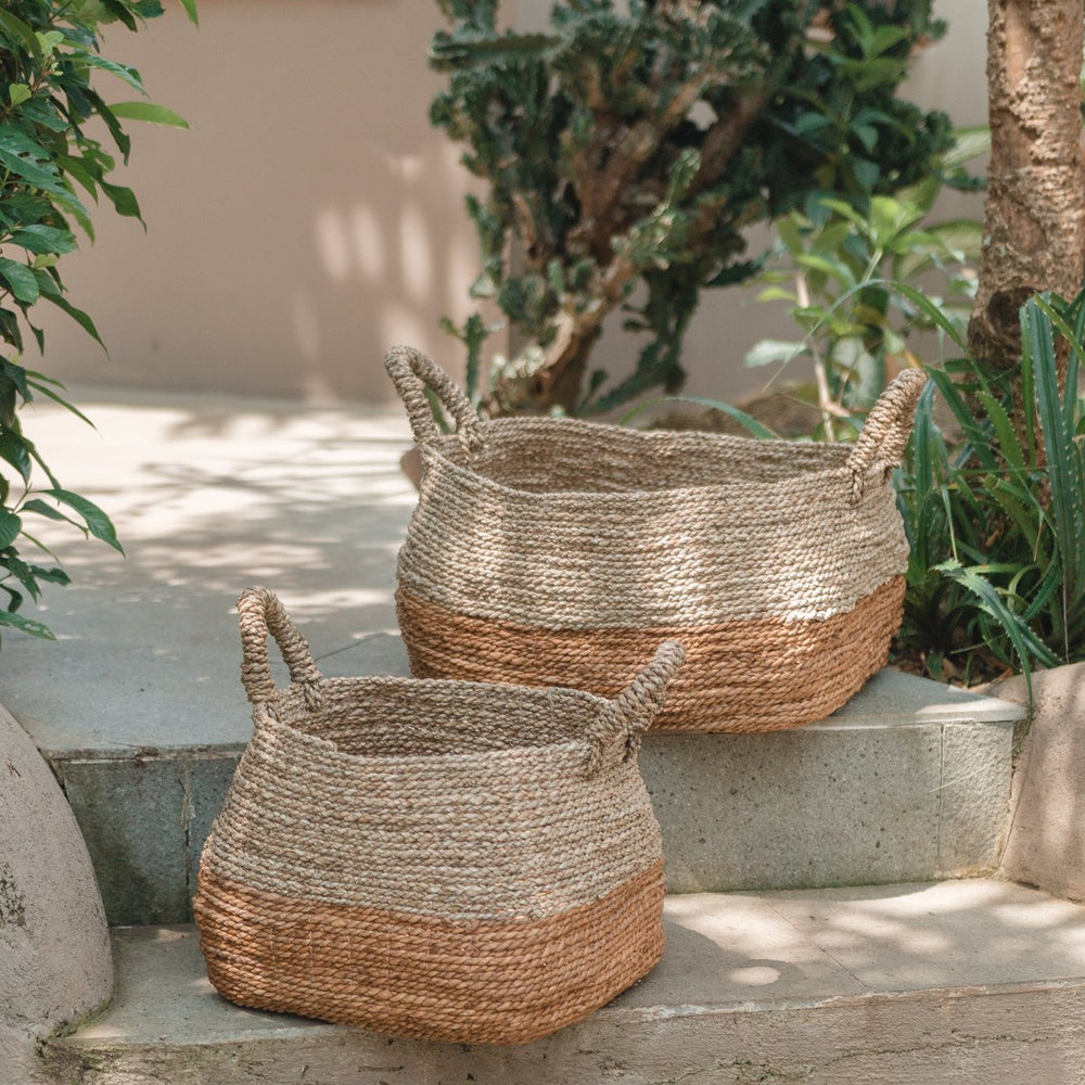 Natural woven storage basket made from banana fibre and seagrass