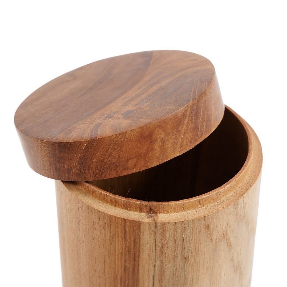 Brown hand-carved teak wood storage jar with lid