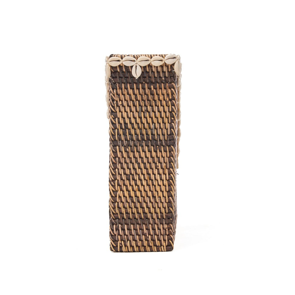 Natural brown rattan organizer with shell edge accents