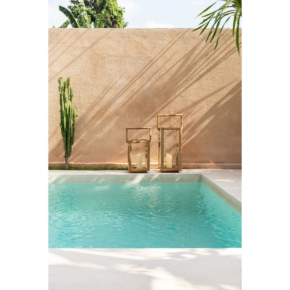 Teak wood rectangular lantern with carrying handle