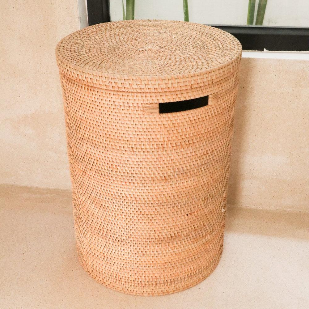 Beige woven rattan laundry basket with lid