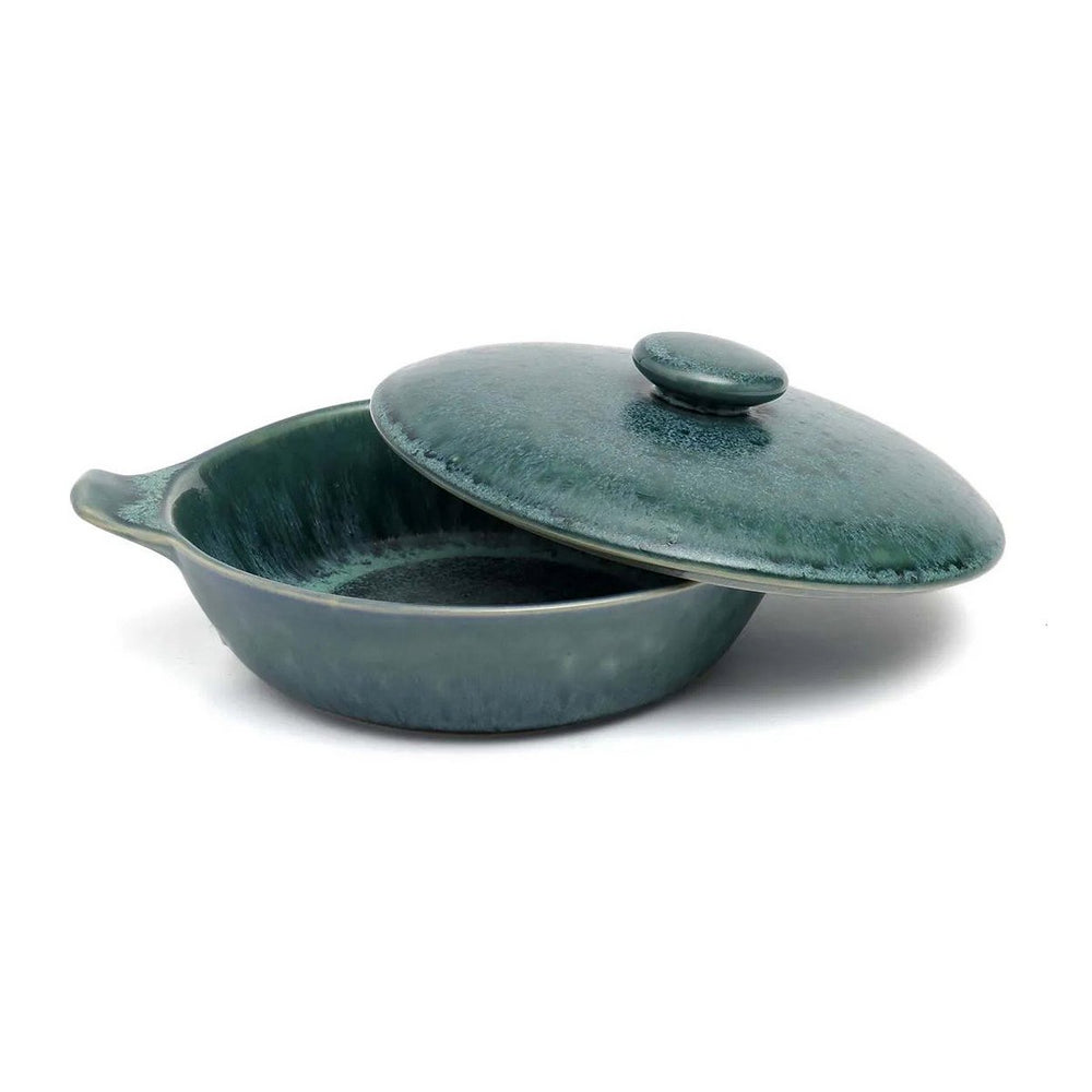 Teal-blue ceramic stew pot with lid