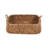 Brown woven palm leaf storage basket with handles
