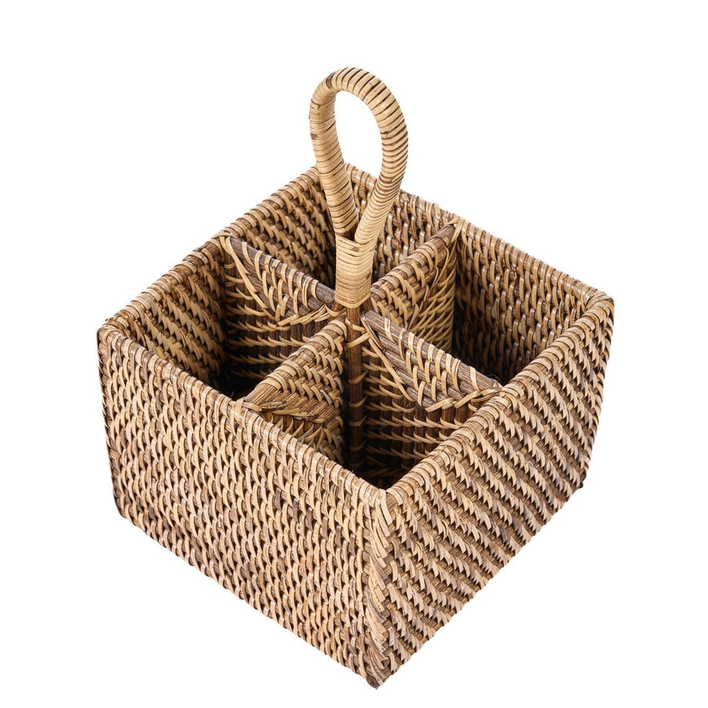 Brown woven rattan cutlery caddy with loop handle