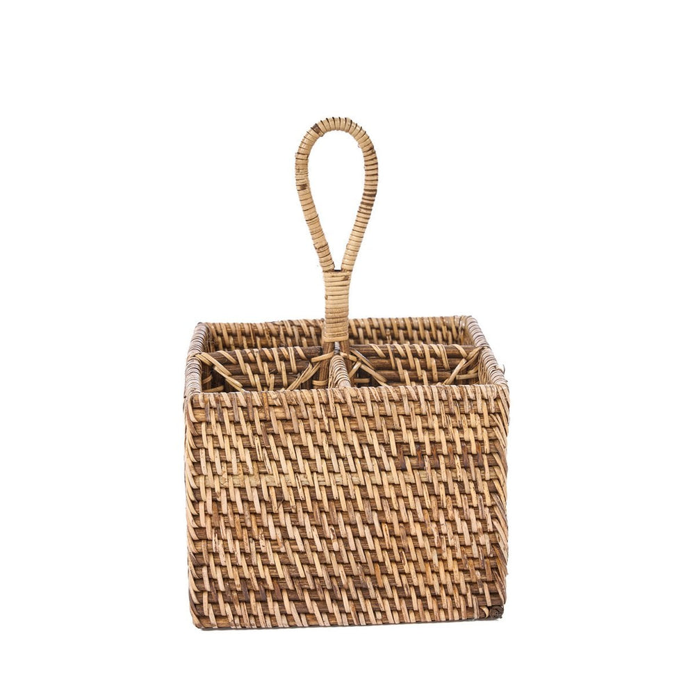 Brown woven rattan cutlery caddy with loop handle