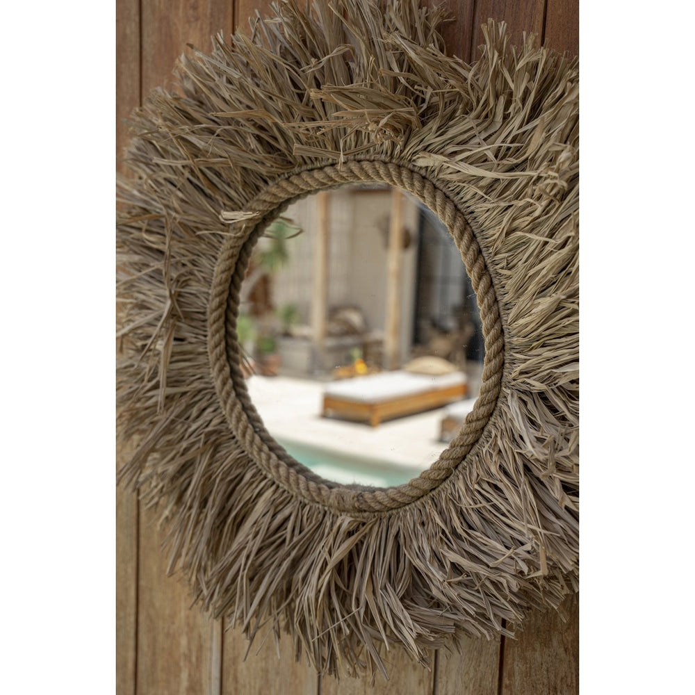 Round natural raffia wall mirror