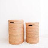 Beige woven rattan laundry basket with lid