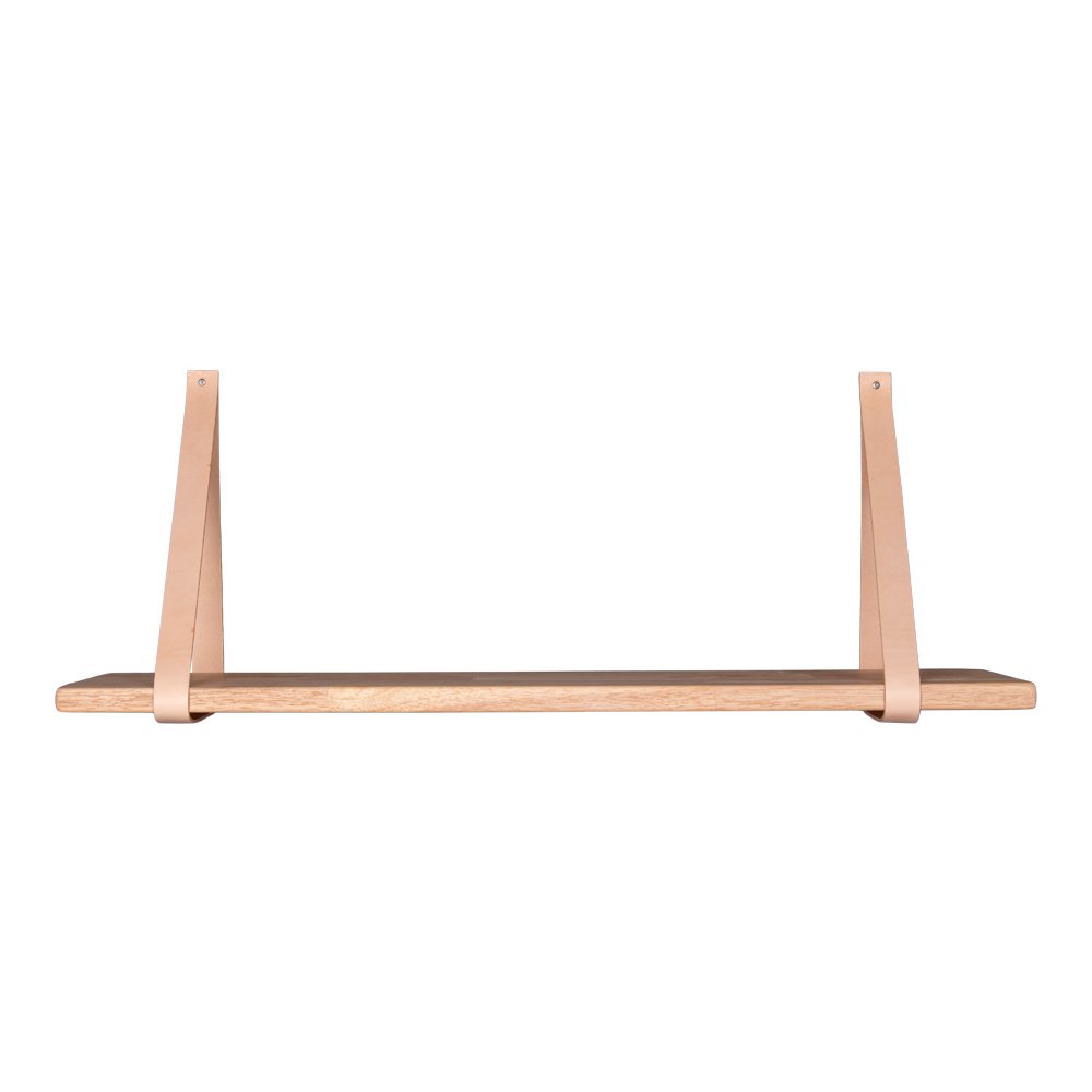 Brown wooden wall shelf with leather straps