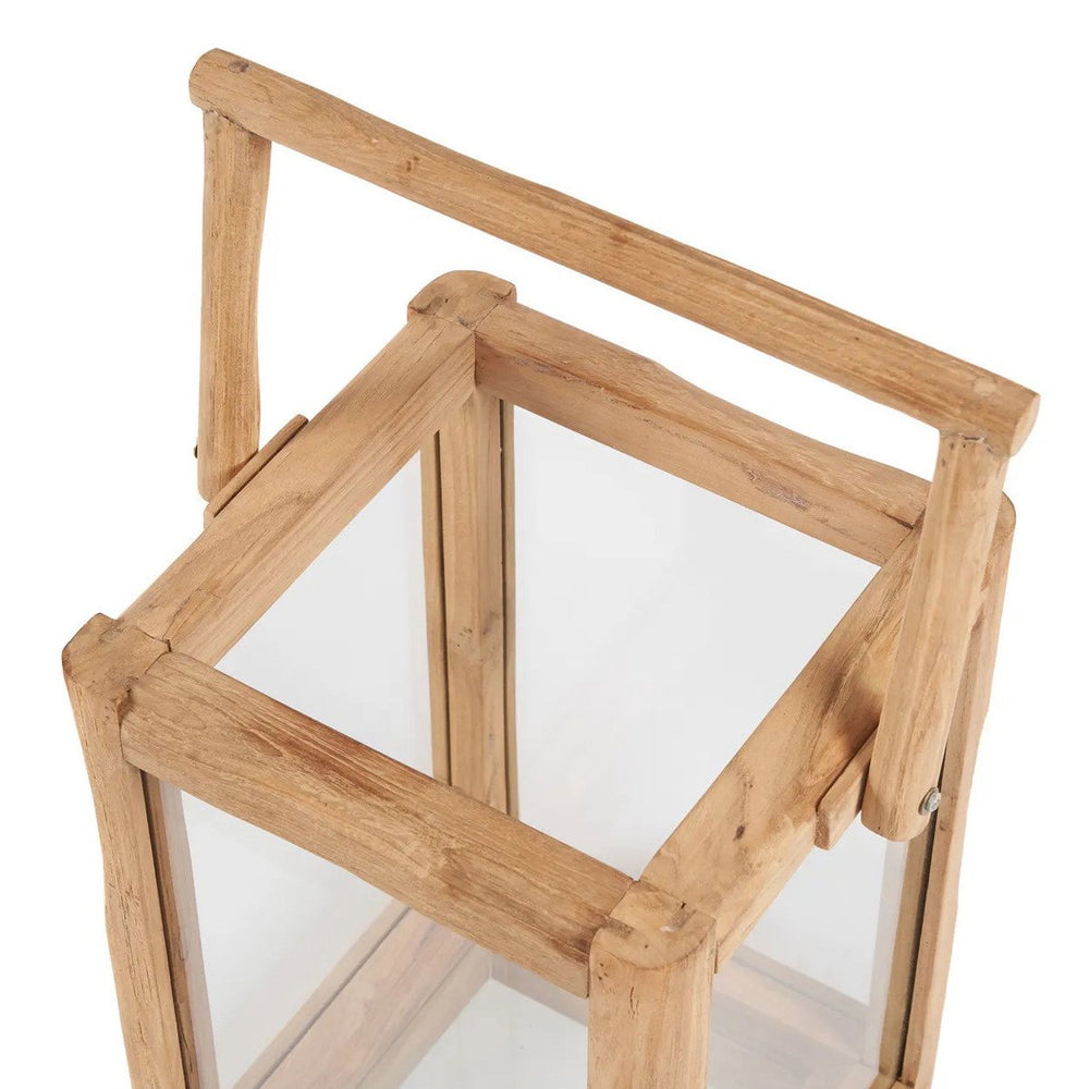 Teak wood rectangular lantern with carrying handle