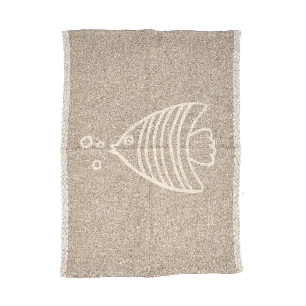 Natural white linen kitchen towel with fish motif