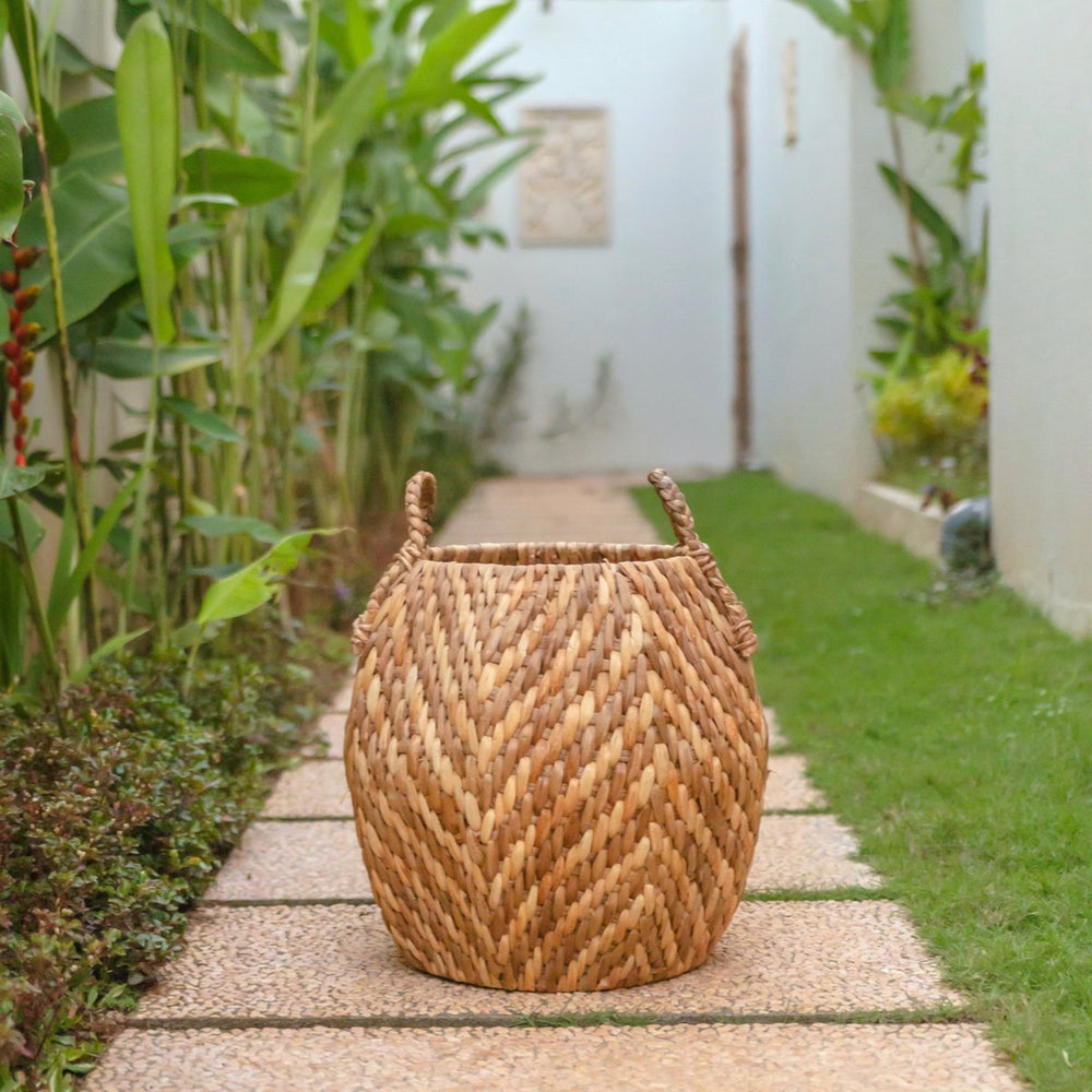 Beige and brown woven water hyacinth basket with zig zag pattern