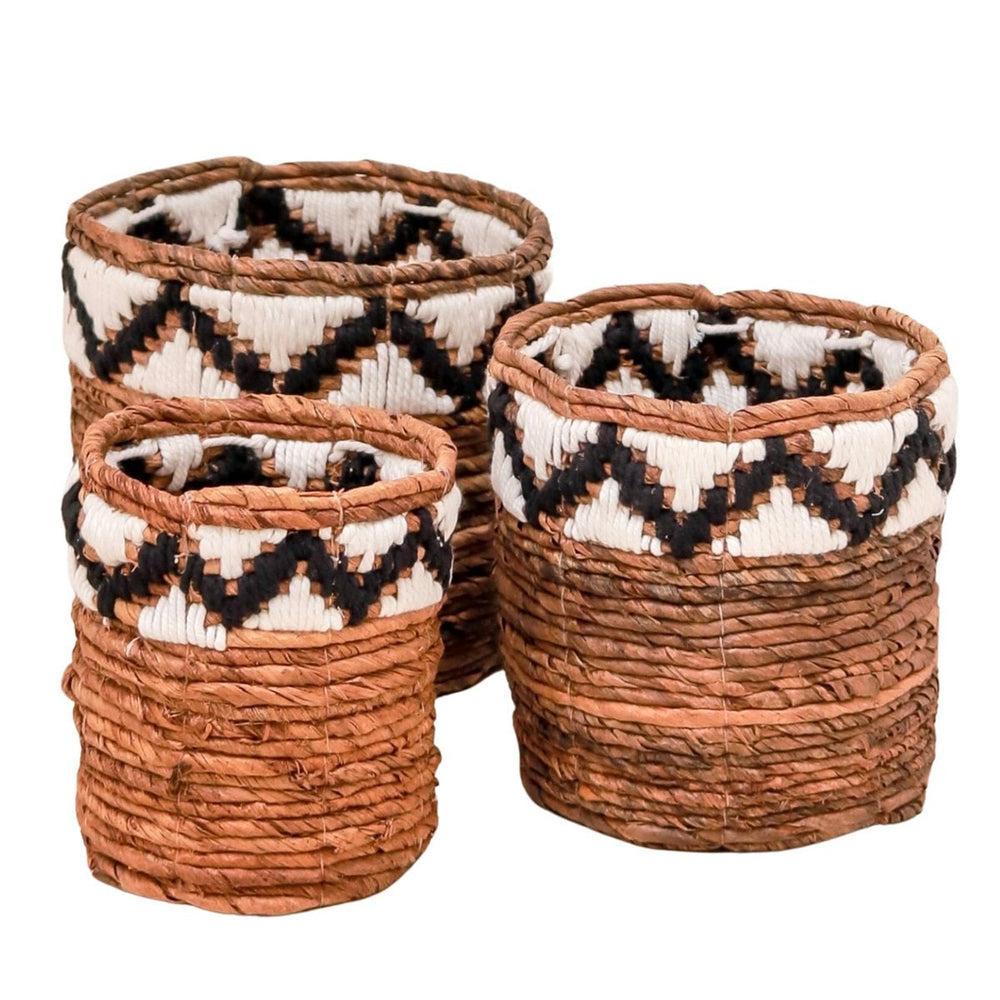 Brown woven banana fibre basket with zigzag pattern