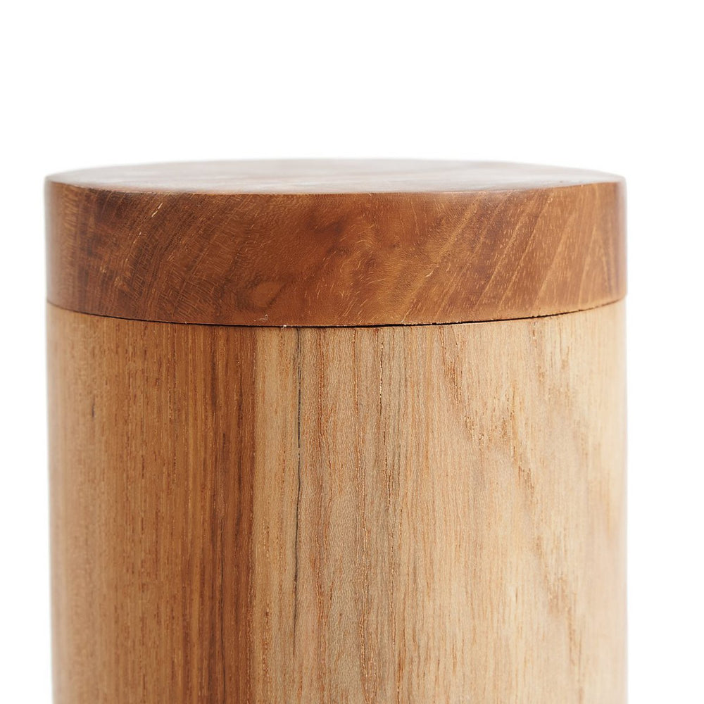 Brown hand-carved teak wood storage jar with lid