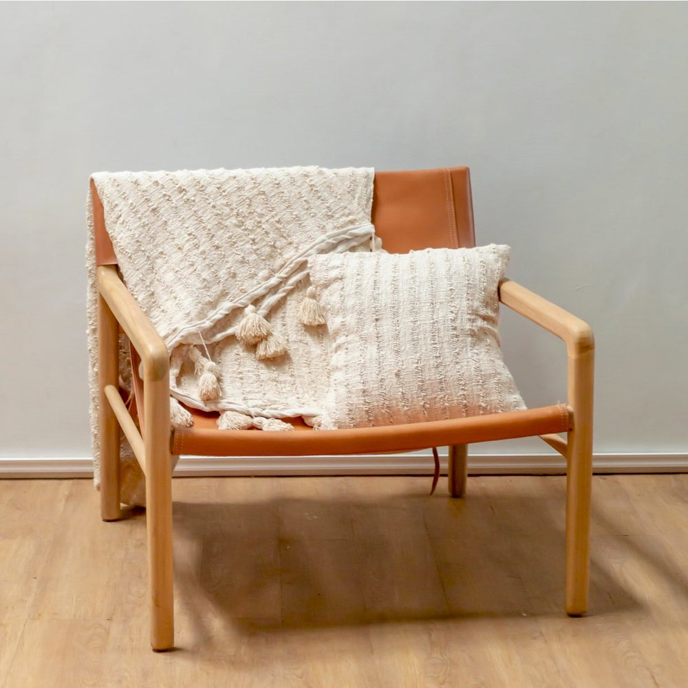 Beige handwoven cotton blanket with striped weave