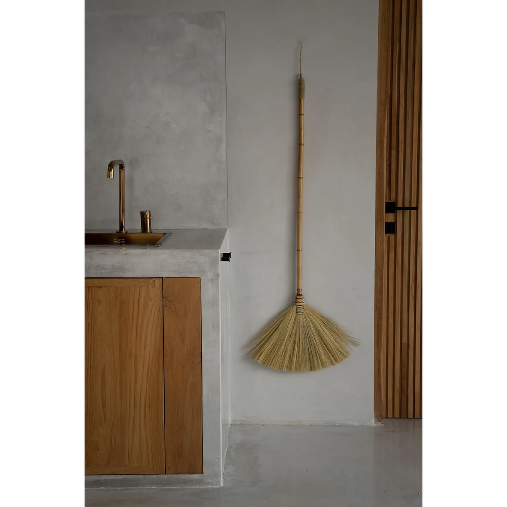 Natural grass decorative broom with tall handle