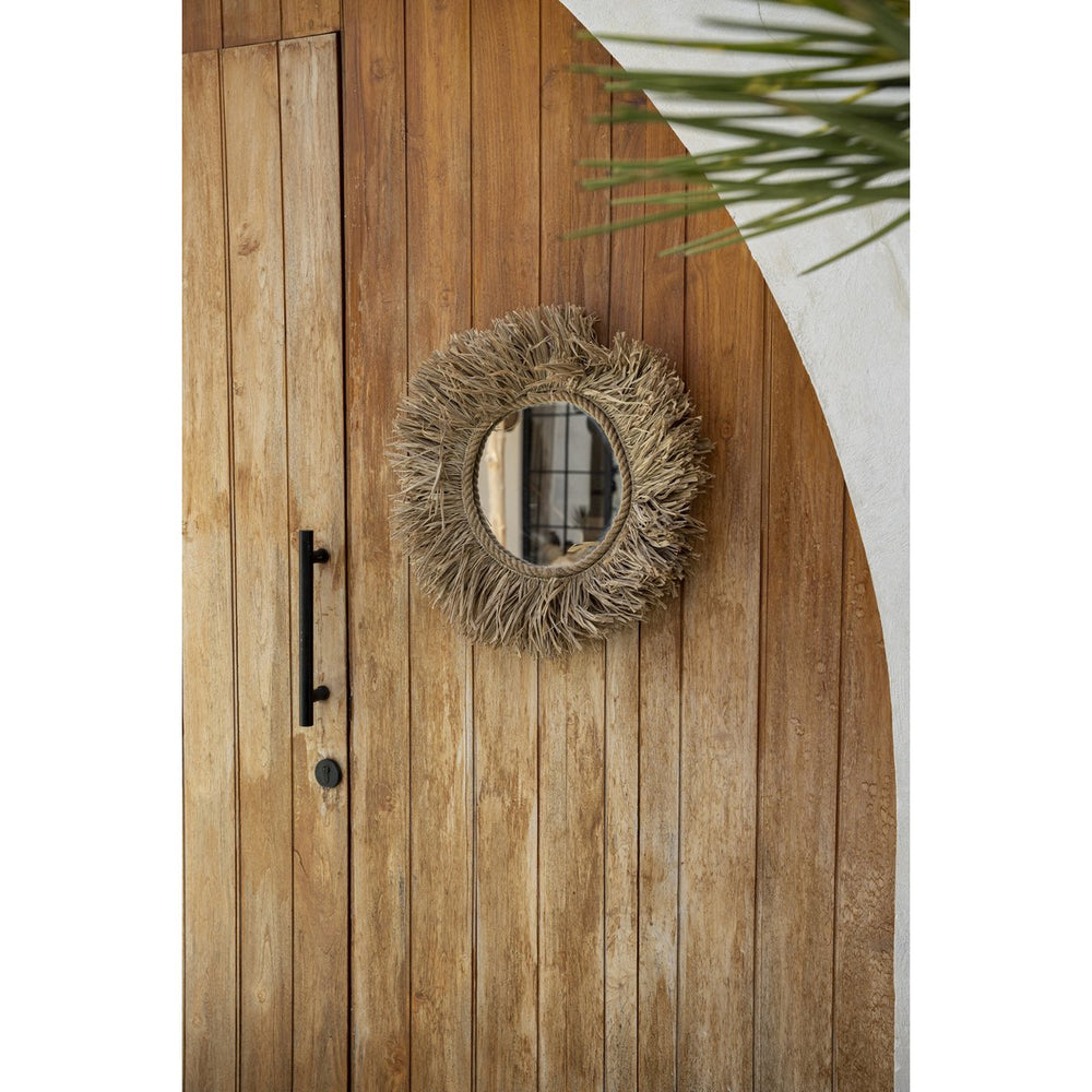 Round natural raffia wall mirror