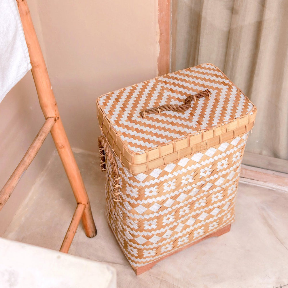 Beige white handwoven bamboo laundry basket with lid