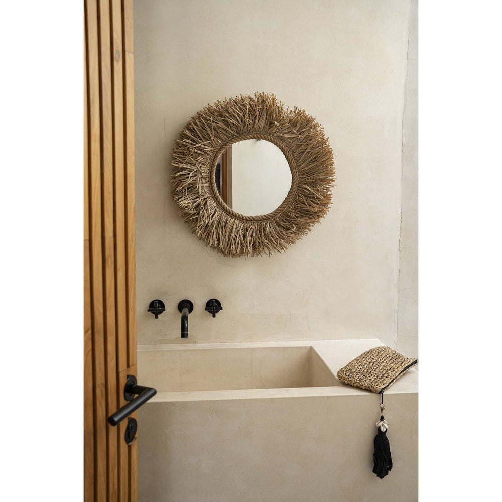 Round natural raffia wall mirror