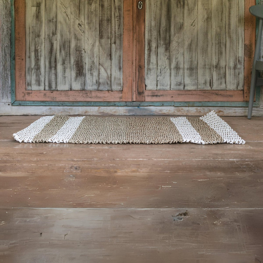 Beige and white striped seagrass rug