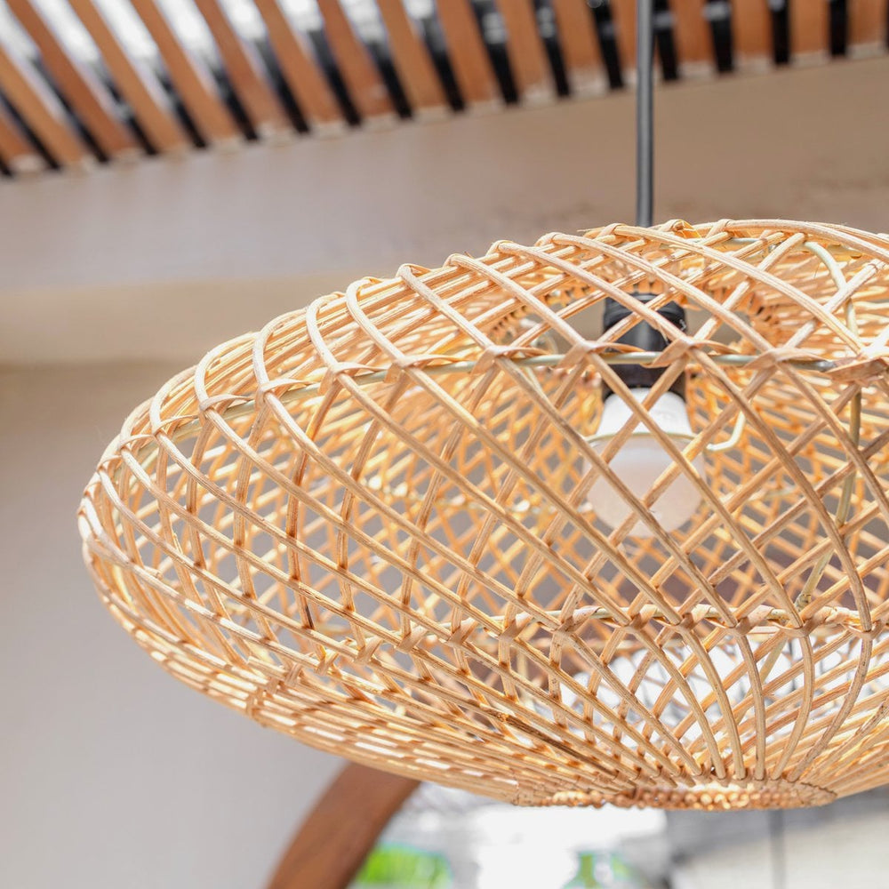 Beige woven rattan disc pendant lampshade