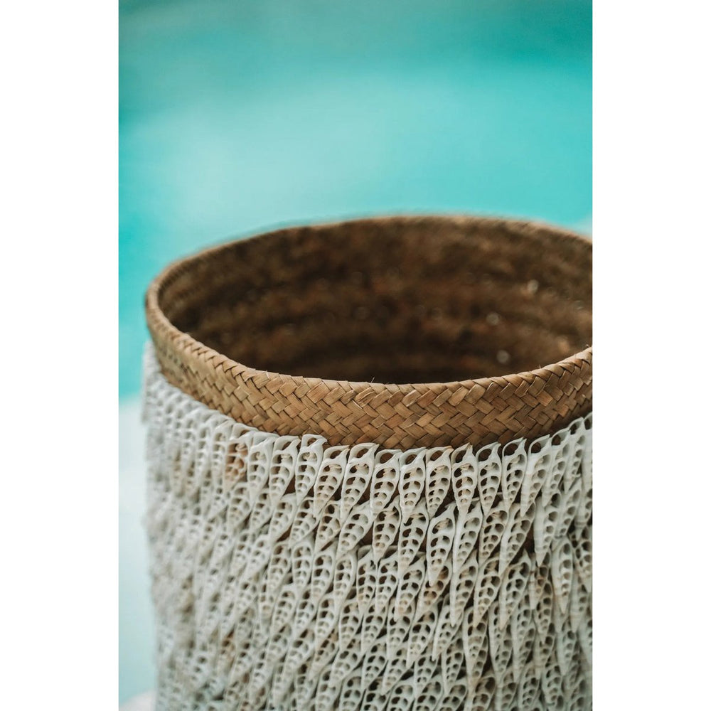 Handmade pandan basket with shell embellishments