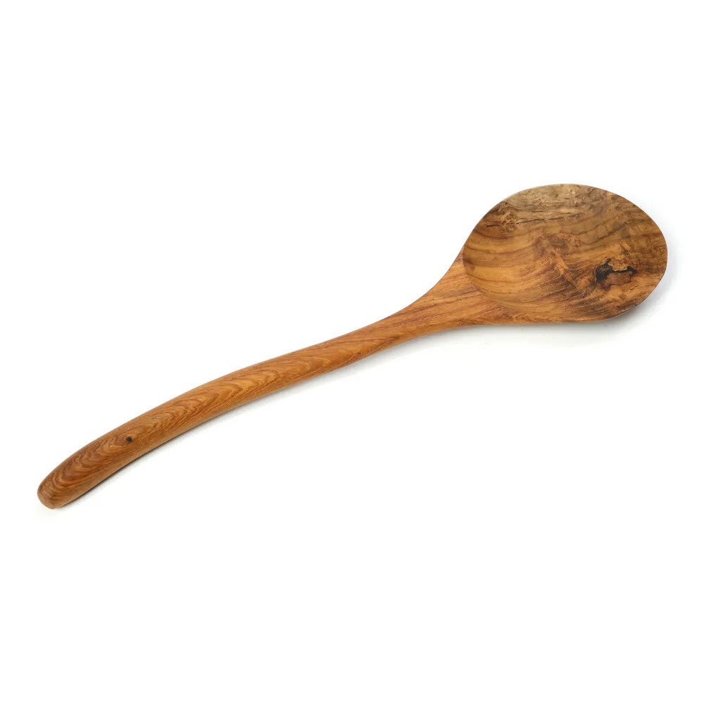 Brown teak wood serving spoon with curved handle