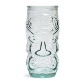 Blue recycled glass drinking glass with sculptural face design