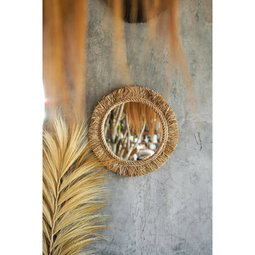 Natural raffia round wall mirror with fringed frame