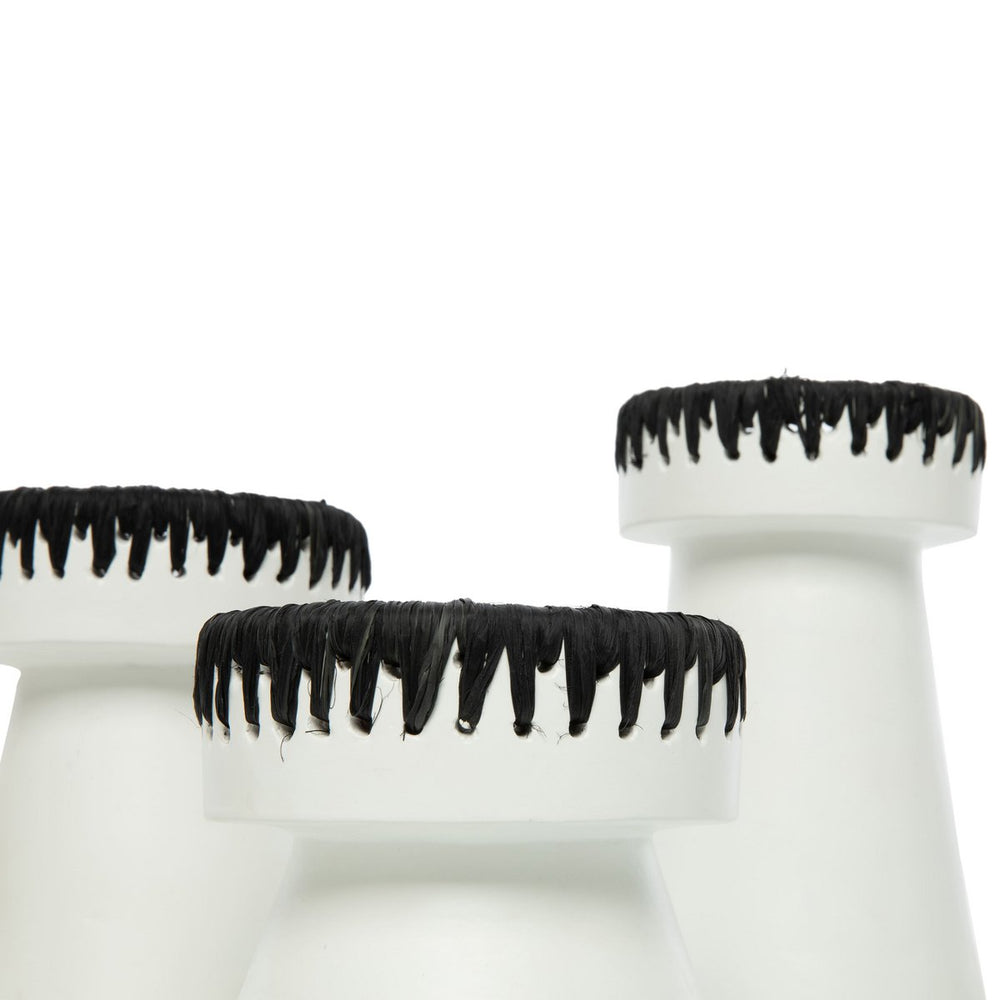 White and black terracotta candle holder with raffia trim
