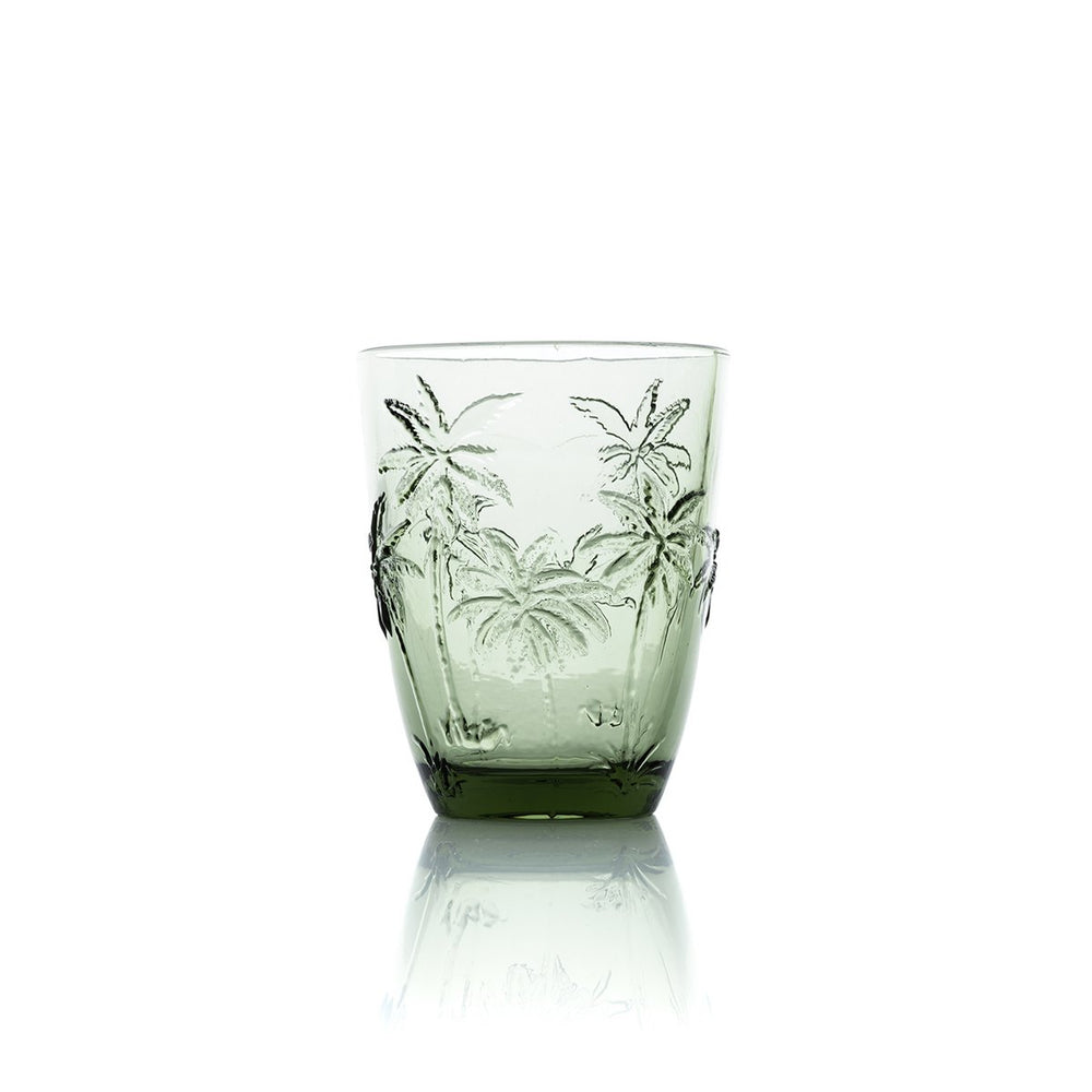 Green frosted glass water glass with embossed palm trees