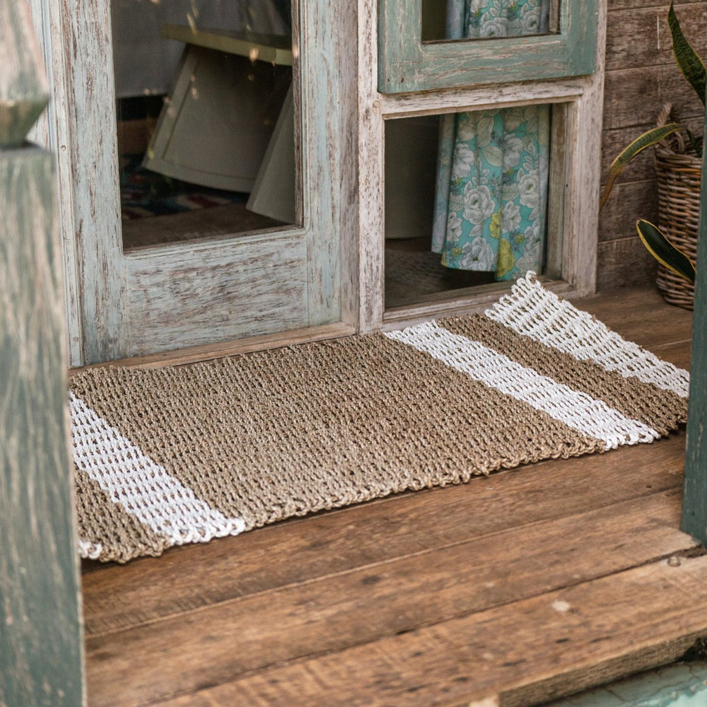 Beige and white striped seagrass rug