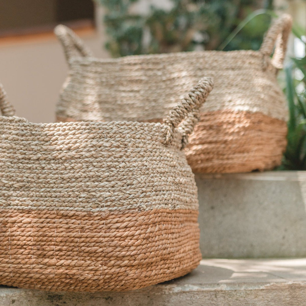 Natural woven storage basket made from banana fibre and seagrass