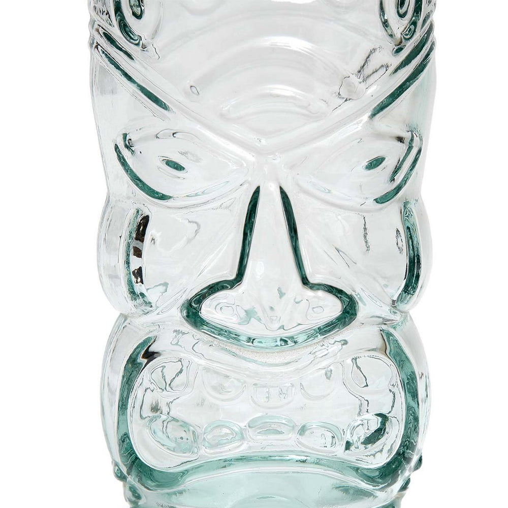 Blue recycled glass drinking glass with sculptural face design
