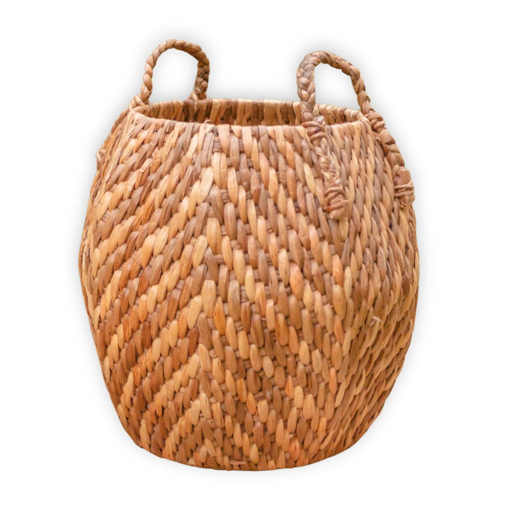 Beige and brown woven water hyacinth basket with zig zag pattern